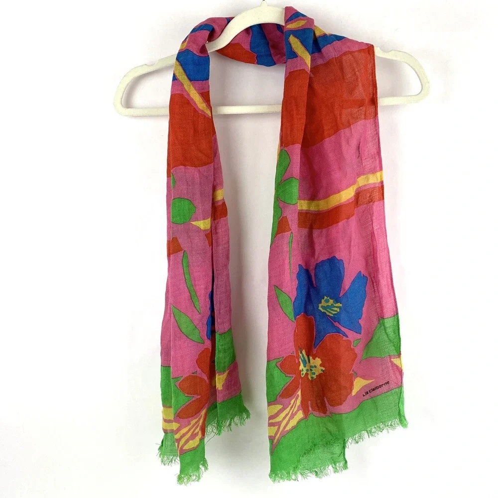 Vtg Floral Scarf Liz Claiborne Hawaiian Hibiscus Red Pink Blue Green Tropical